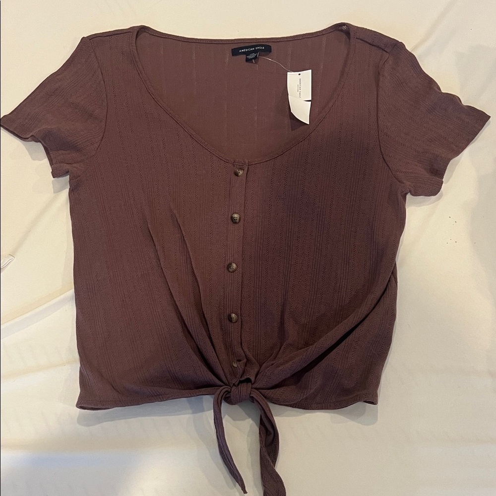 AE Mauve Button-Front Tie Top